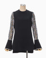 Floral Lace-Sleeve Classic Top - navy
