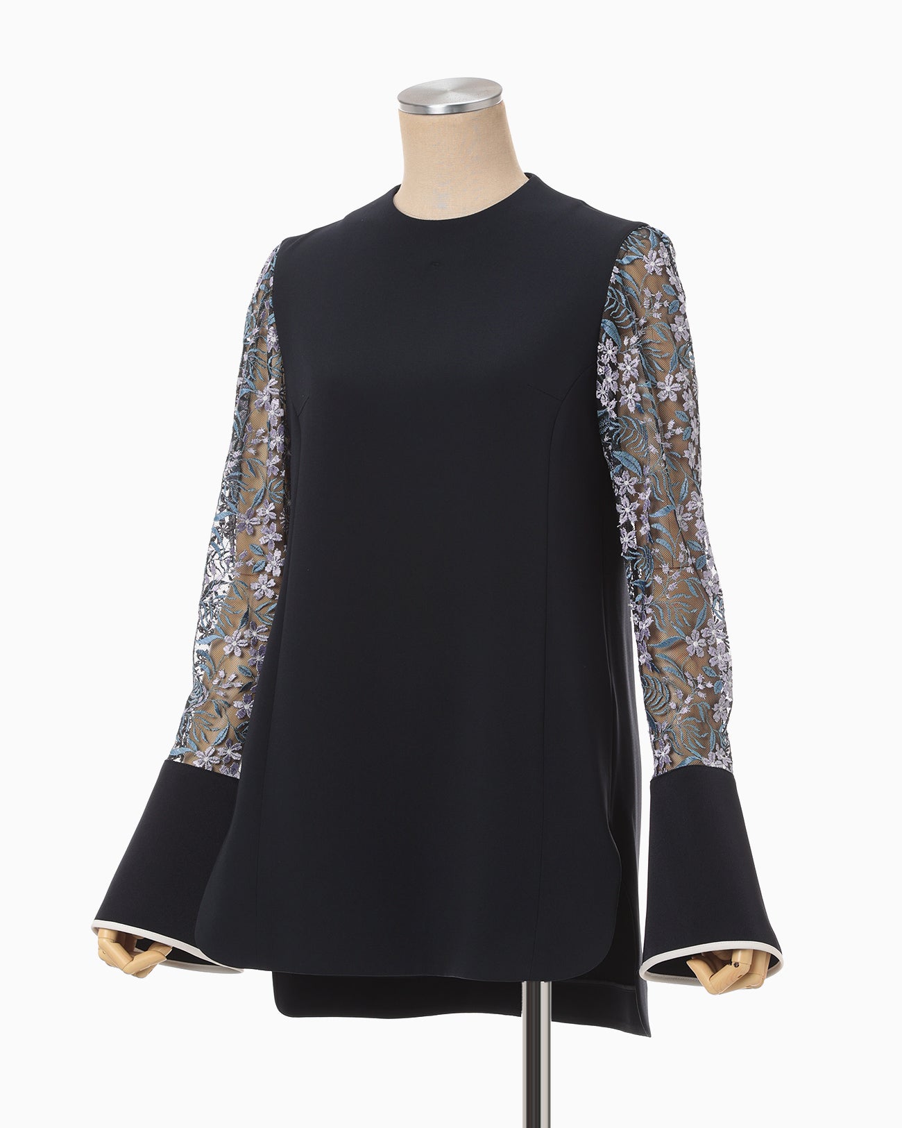 Floral Lace-Sleeve Classic Top - navy