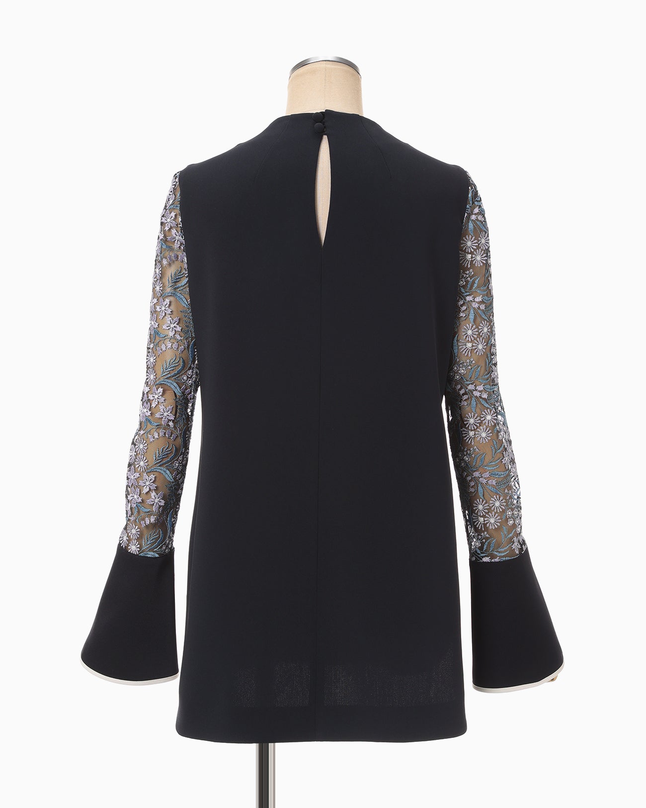 Floral Lace-Sleeve Classic Top - navy