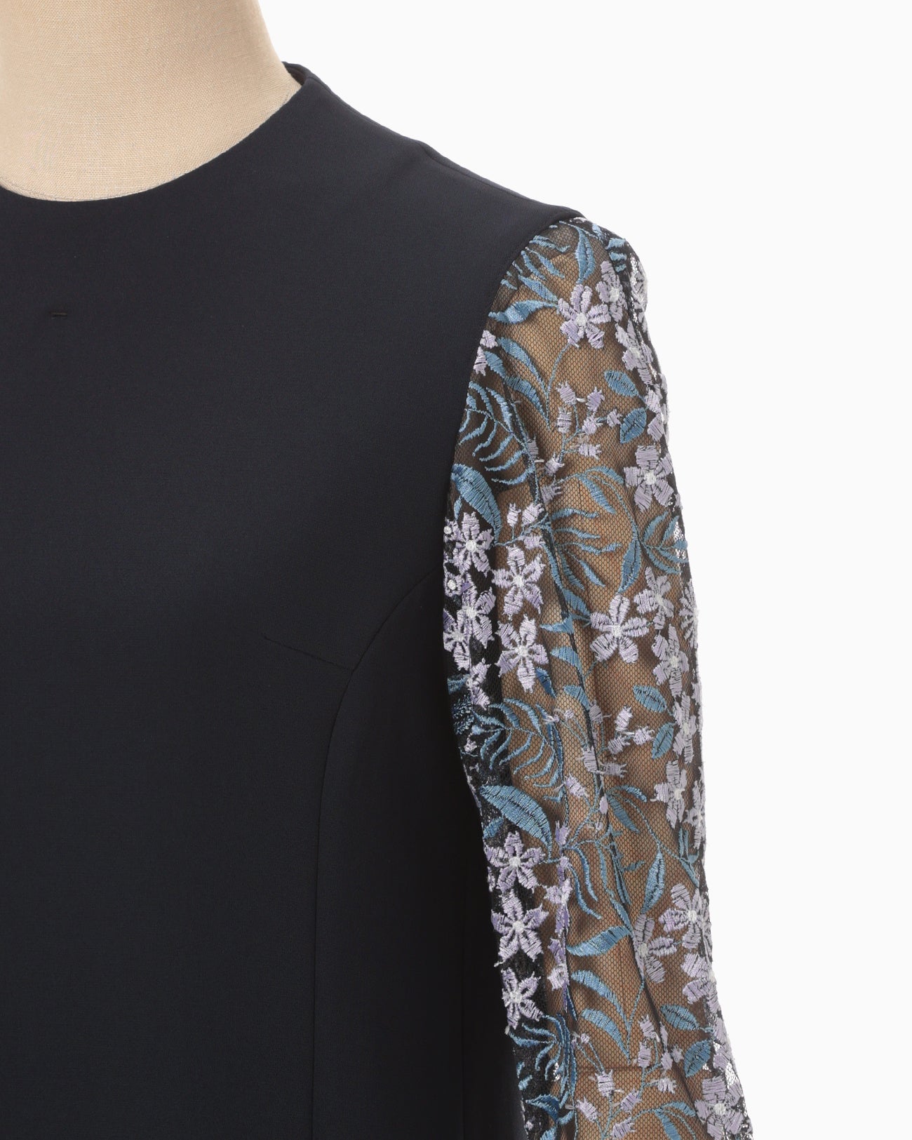 Floral Lace-Sleeve Classic Top - navy