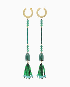 Floral Motif Long Glass Earrings - green