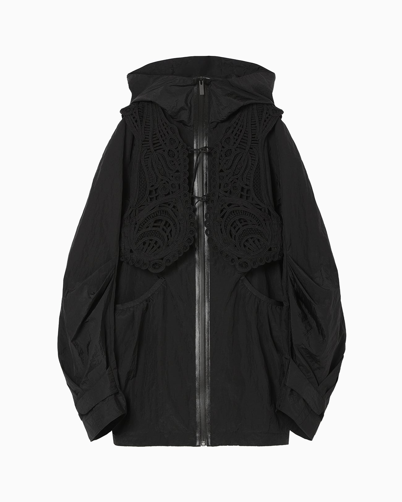 Nylon Oversized Jacket with Cording Embroidery Vest - black - Mame