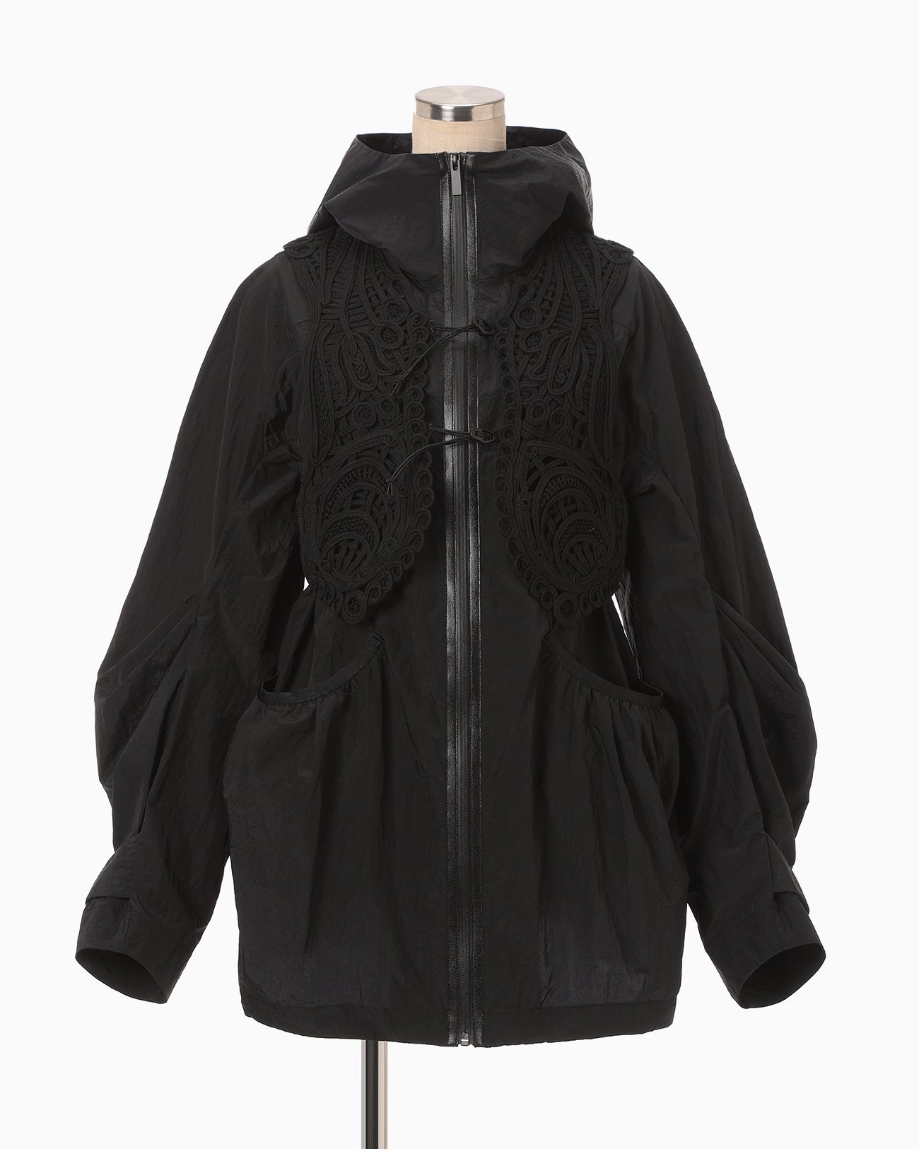 Nylon Oversized Jacket with Cording Embroidery Vest - black - Mame