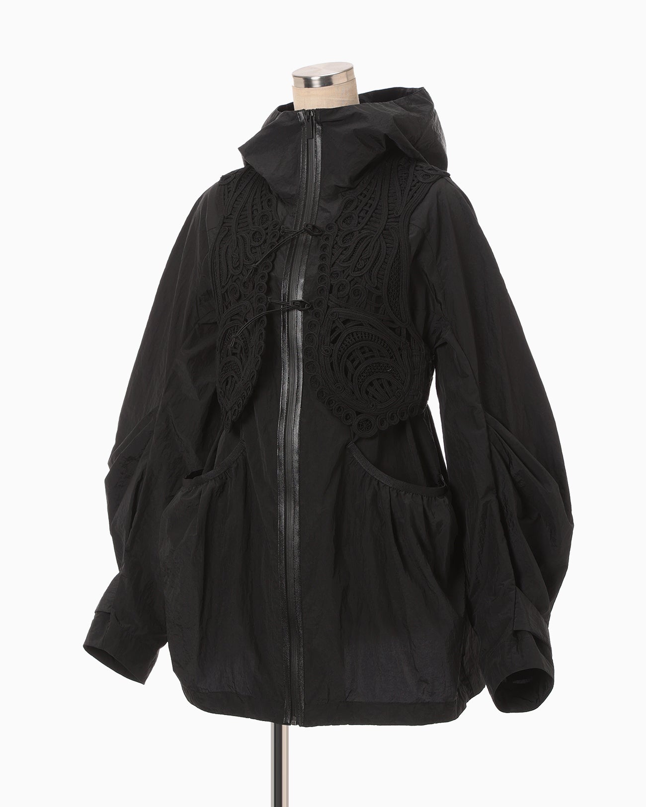 Nylon Oversized Jacket with Cording Embroidery Vest - black - Mame