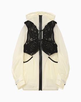 Nylon Oversized Jacket with Cording Embroidery Vest - ecru