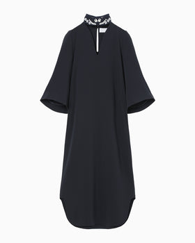Triacetate Embroidery Neck Dress - navy