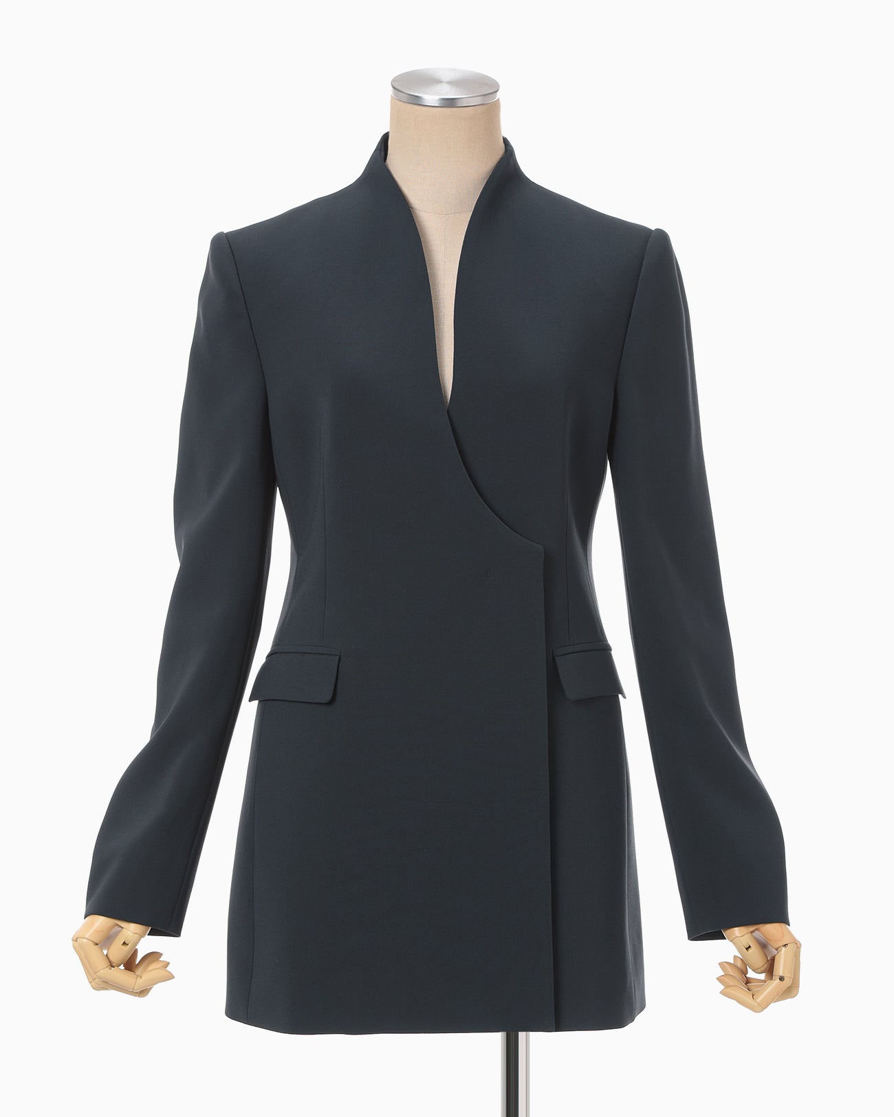 Triacetate Polyester Collarless Double Breasted Suit Jacket - navy