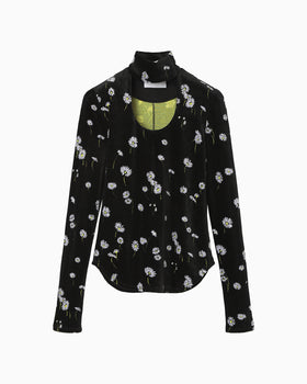 Velour Jersey Floral High Neck Top - black