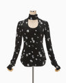 Velour Jersey Floral High Neck Top - black