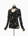 Velour Jersey Floral High Neck Top - black