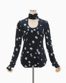 Velour Jersey Floral High Neck Top - navy