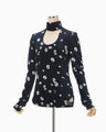 Velour Jersey Floral High Neck Top - navy