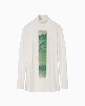 Glass Beads Printed High Neck Top - white