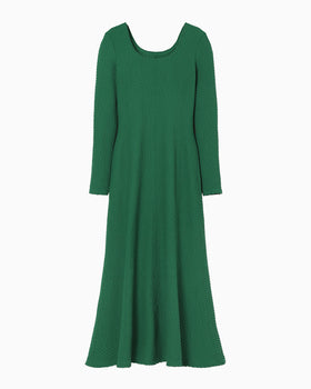 Shirring Jersey Jacquard Long Sleeve Dress - green