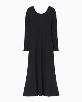 Shirring Jersey Jacquard Long Sleeve Dress - navy