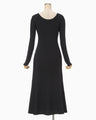 Shirring Jersey Jacquard Long Sleeve Dress - navy