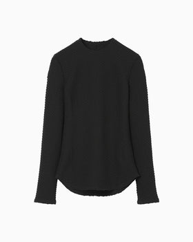 Shirring Jersey Jacquard Long Sleeve Top - black