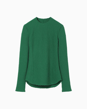 Shirring Jersey Jacquard Long Sleeve Top - green
