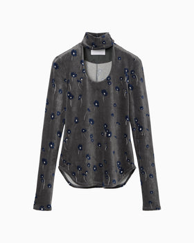 Velour Jersey Floral High Neck Top - grey