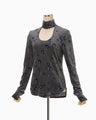 Velour Jersey Floral High Neck Top - grey