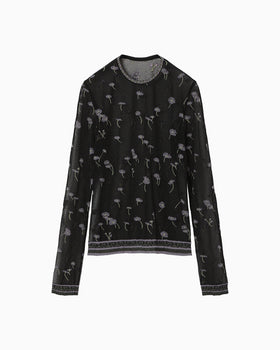 Floral Pattern Long Sleeve Sheer Knit Top - black