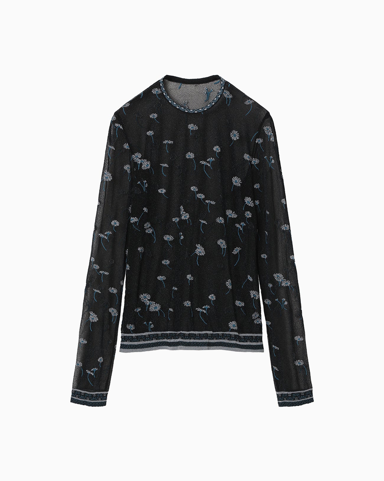 Floral Pattern Long Sleeve Sheer Knit Top - navy - Mame Kurogouchi