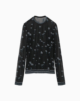 Floral Pattern Long Sleeve Sheer Knit Top - navy