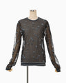 Floral Pattern Long Sleeve Sheer Knit Top - navy
