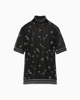 Floral Pattern Short Sleeve Sheer Knit Top - black