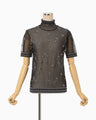 Floral Pattern Short Sleeve Sheer Knit Top - black