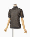 Floral Pattern Short Sleeve Sheer Knit Top - black