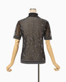 Floral Pattern Short Sleeve Sheer Knit Top - black