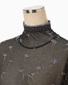 Floral Pattern Short Sleeve Sheer Knit Top - black