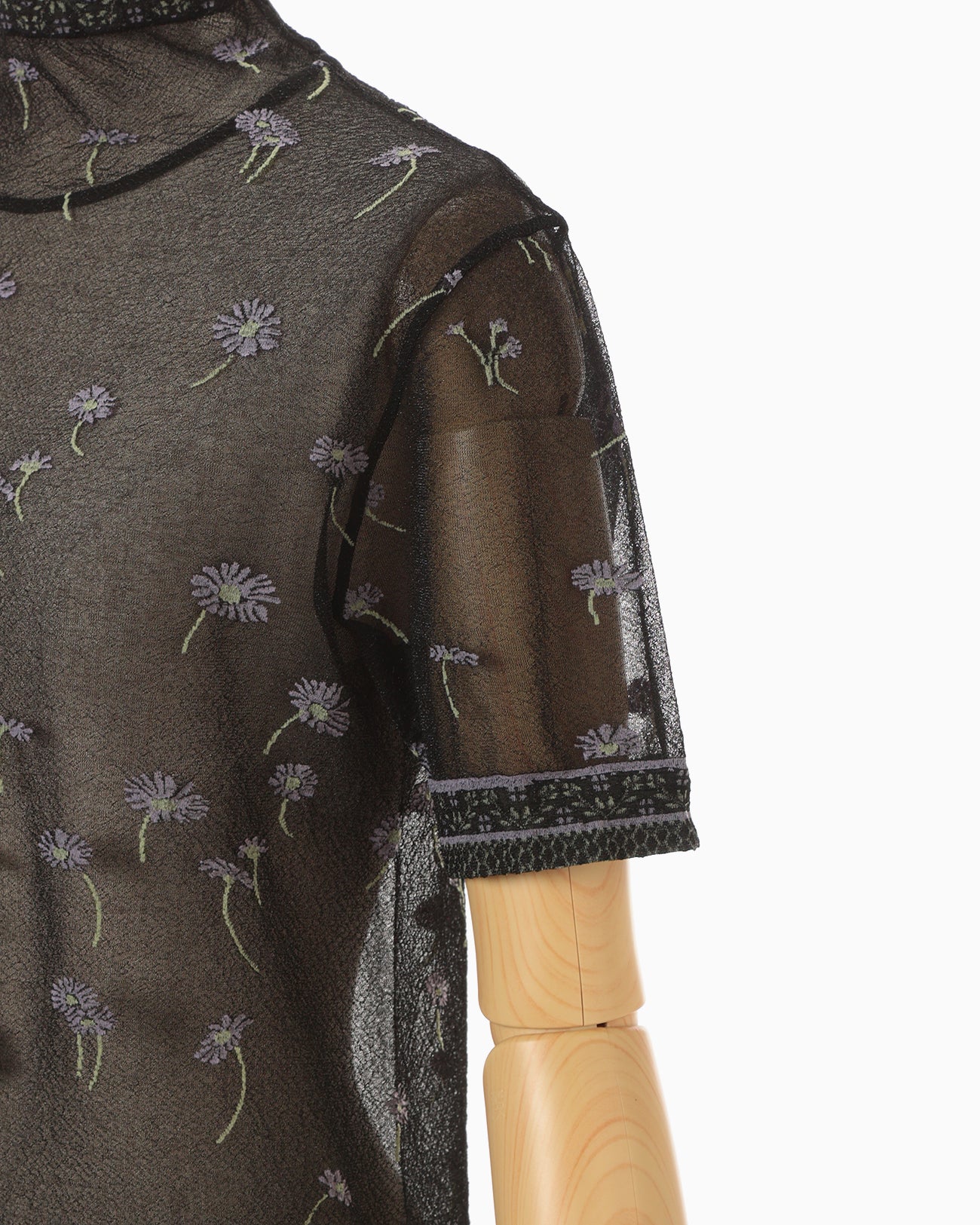 Floral Pattern Short Sleeve Sheer Knit Top - black - Mame Kurogouchi