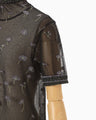 Floral Pattern Short Sleeve Sheer Knit Top - black