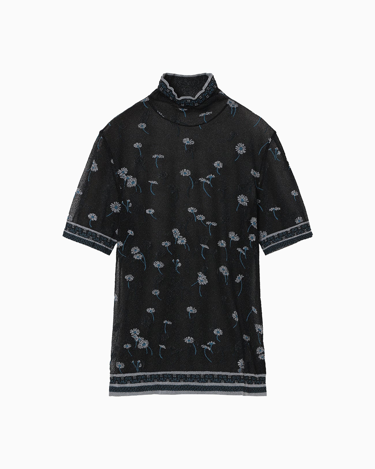 Floral Pattern Short Sleeve Sheer Knit Top - navy - Mame Kurogouchi