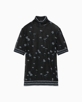 Floral Pattern Short Sleeve Sheer Knit Top - navy