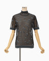 Floral Pattern Short Sleeve Sheer Knit Top - navy