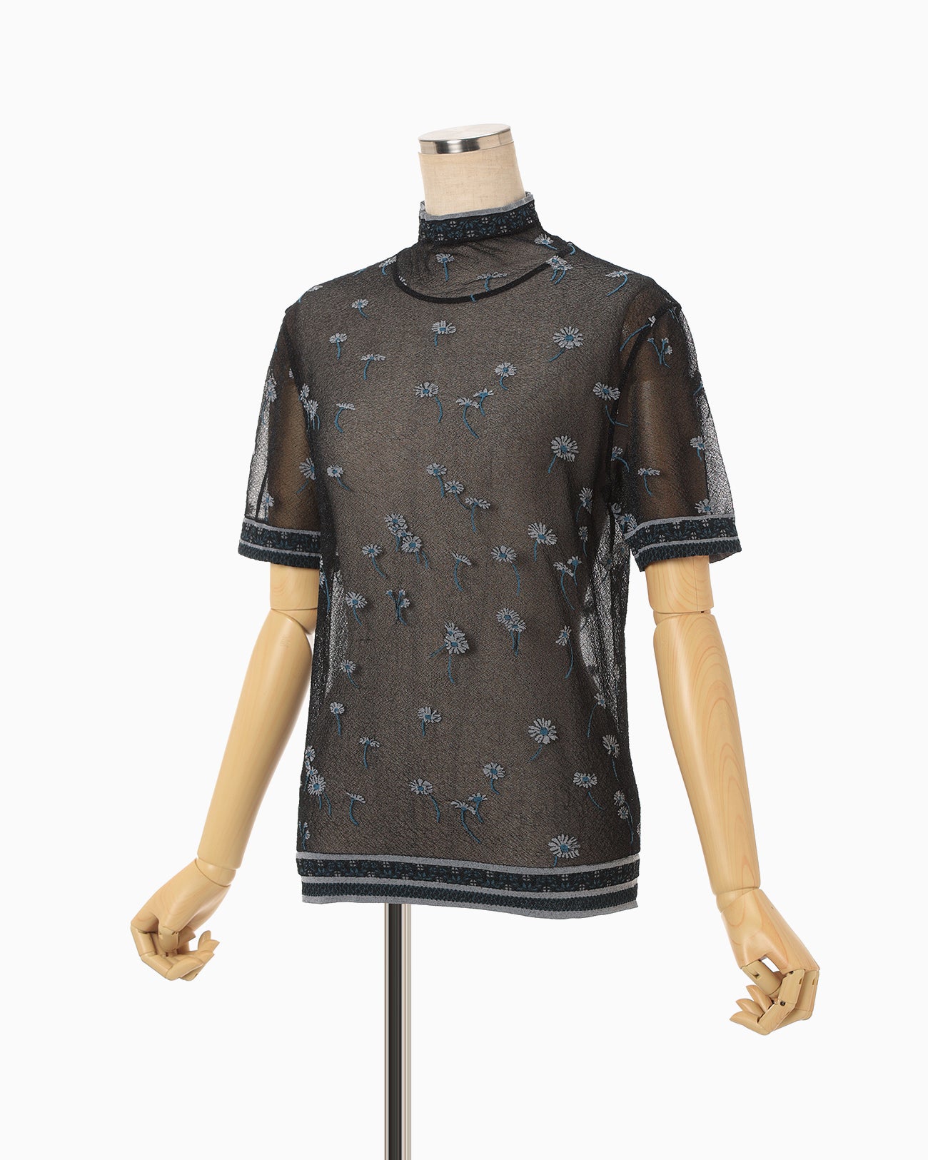 Floral Pattern Short Sleeve Sheer Knit Top - navy - Mame Kurogouchi