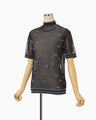 Floral Pattern Short Sleeve Sheer Knit Top - navy