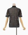 Floral Pattern Short Sleeve Sheer Knit Top - navy