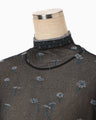 Floral Pattern Short Sleeve Sheer Knit Top - navy