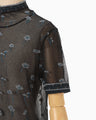 Floral Pattern Short Sleeve Sheer Knit Top - navy