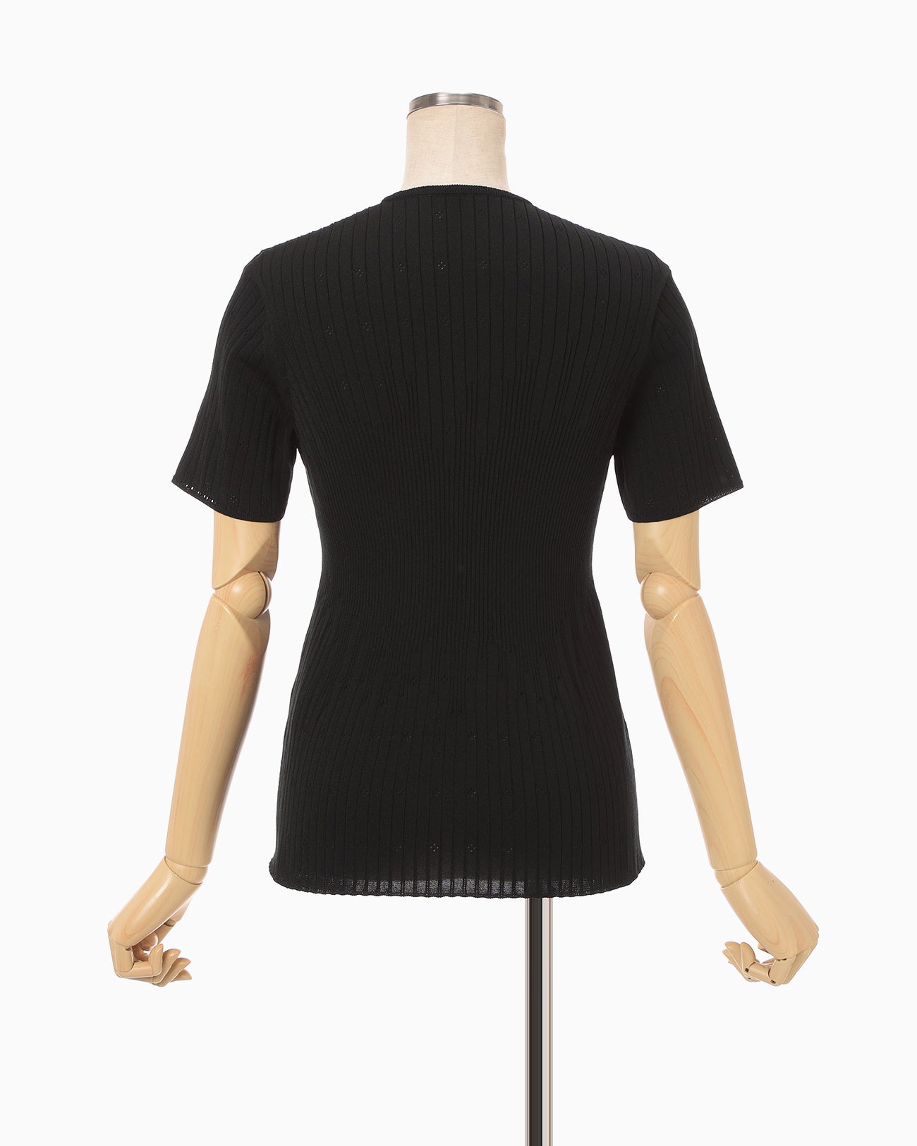 Ribbed Eyelet Knit Short Sleeve Top - black - Mame Kurogouchi