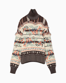 Floral Arabesque High Neck Knit Top - brown