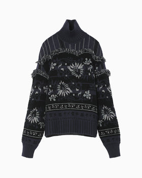 Floral Arabesque High Neck Knit Top - navy