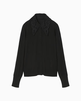 Embroidery Collar Knit Cardigan - black