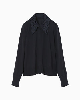 Embroidery Collar Knit Cardigan - navy