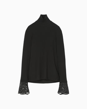 Embroidery Cuff High Neck Knit Top - black