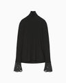 Embroidery Cuff High Neck Knit Top - black